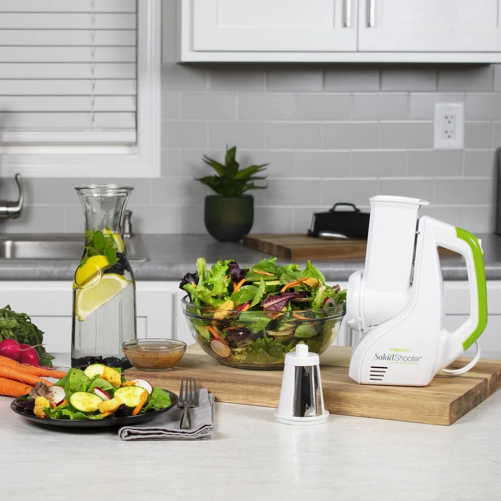 Electric Salad Shooter Slicer Shredder Vegetable Fruit Cheese Nuts Compact Dishwasher Safe Easy Clean Interchangeable Cones - Cooky Kitchenware