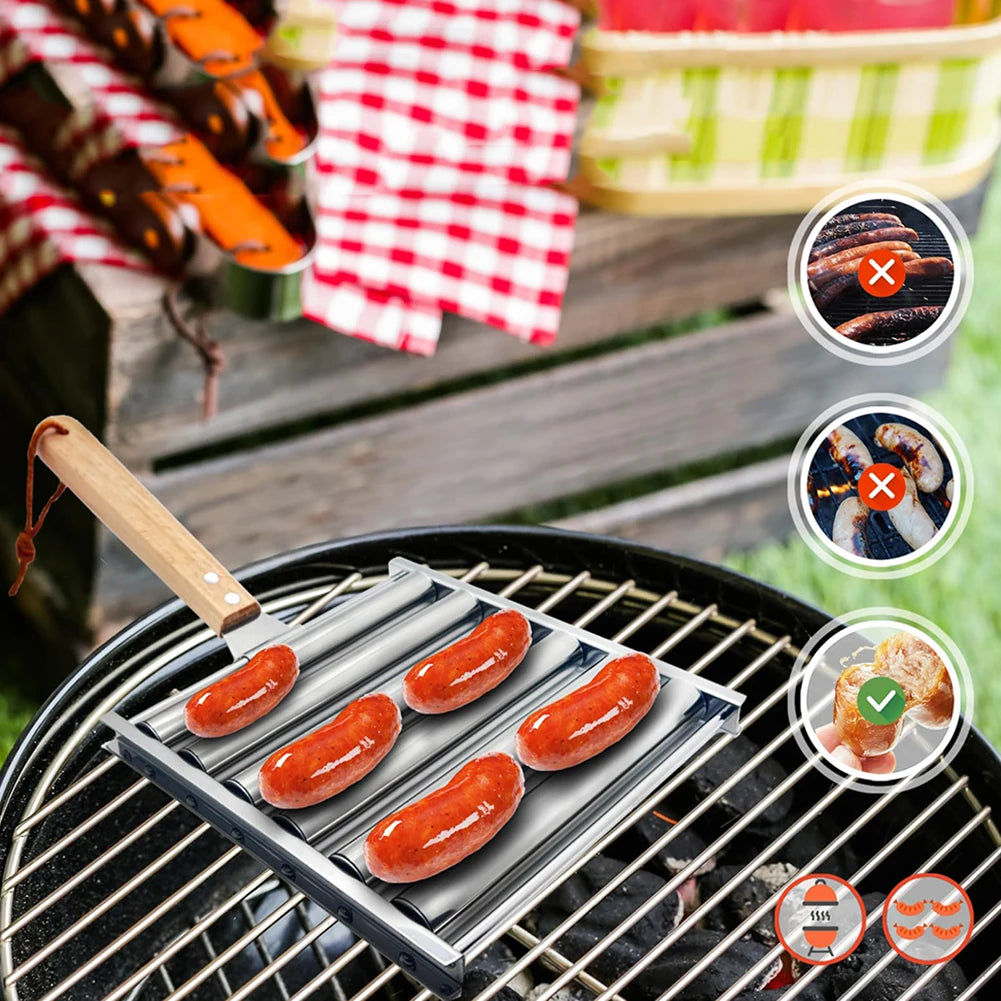 Stainless Steel Hot Dog Roller With Extra Long Wood Handle