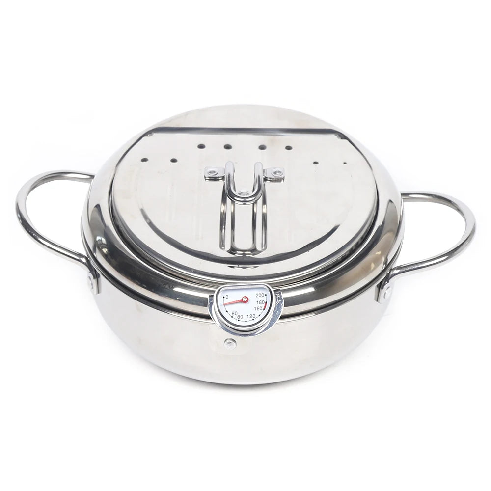 Japanese Style Deep Frying Pan With Temperature Gauge Lid And Oil Drip Rack 304 Stainless Steel Fryer - Cooky Kitchenware