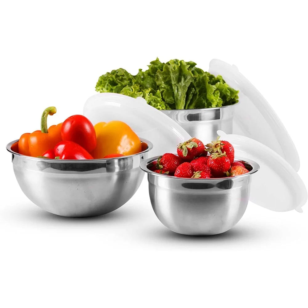 Stainless Steel Mixing Bowls Set with Lids Measuring Marks Easy Clean Nesting Stackable Kitchen Storage Bakeware