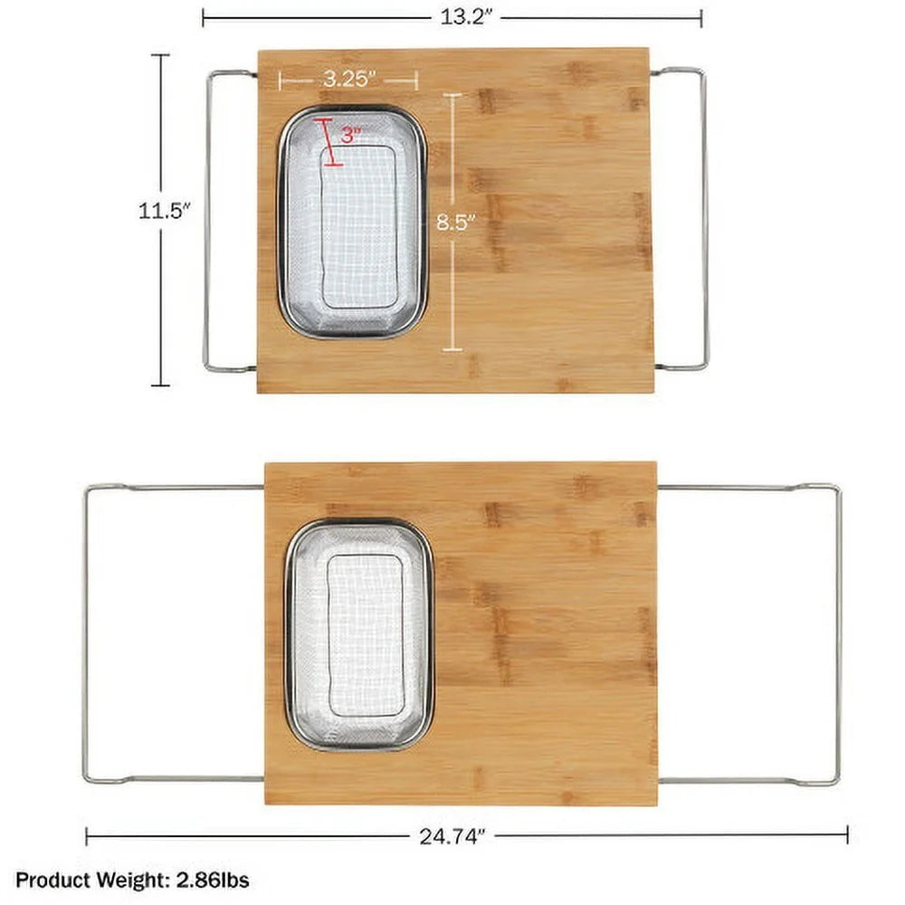 2 in 1 Adjustable Bamboo Cutting Board with Removable Strainer Over Sink Expandable Kitchen Gadget Easy Care Durable Material - Cooky Kitchenware