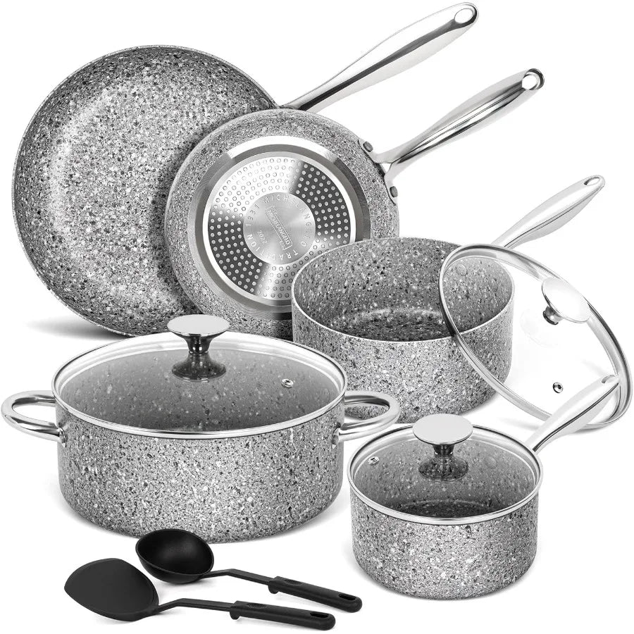 Pots and Pans Set 10 Piece Cookware Set with Granite Coatings for Super Nonstick Result Essential Stone Cookware Sets with Uten - Cooky Kitchenware