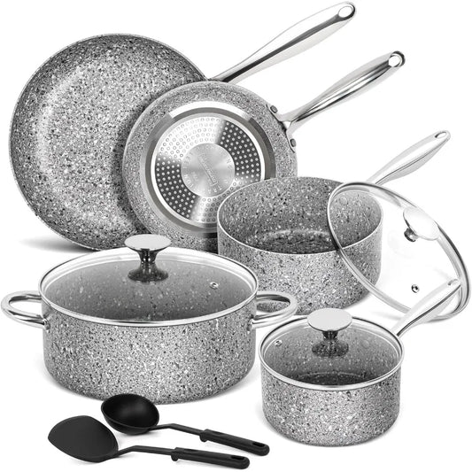 Pots and Pans Set 10 Piece Cookware Set with Granite Coatings for Super Nonstick Result Essential Stone Cookware Sets with Uten - Cooky Kitchenware