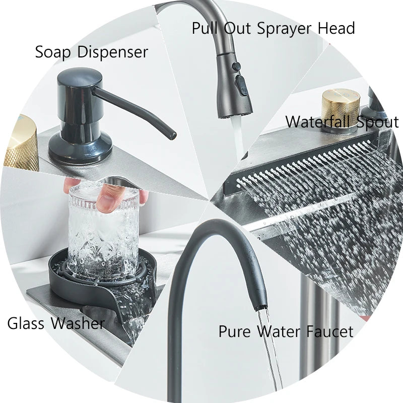 304Stainless Steel Waterfall Kitchen Sink Large Single Slot Integrated 60X45cm Faucet Set Soap Dispenser/Pure Water/Cup Washer - Cooky Kitchenware