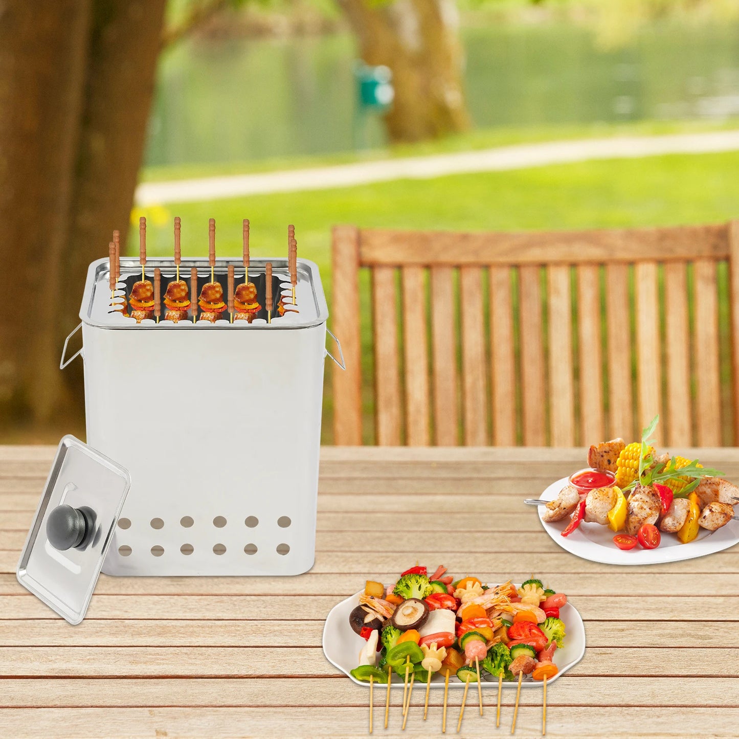 Portable Square BBQ Skewer Grill - 26 Skewers Capacity Stainless Steel Hanging Grill for Outdoor Cooking(9.4x7.09x11.8in,Silver) - Cooky Kitchenware