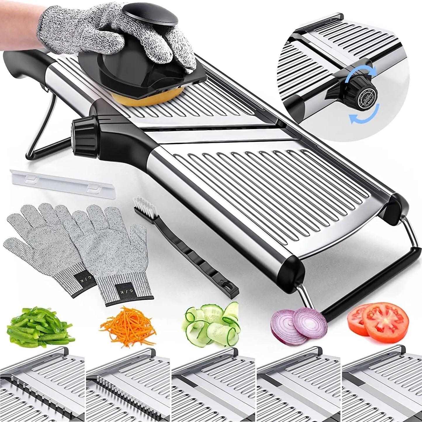Adjustable Mandoline Slicer Stainless Steel Blades Gloves