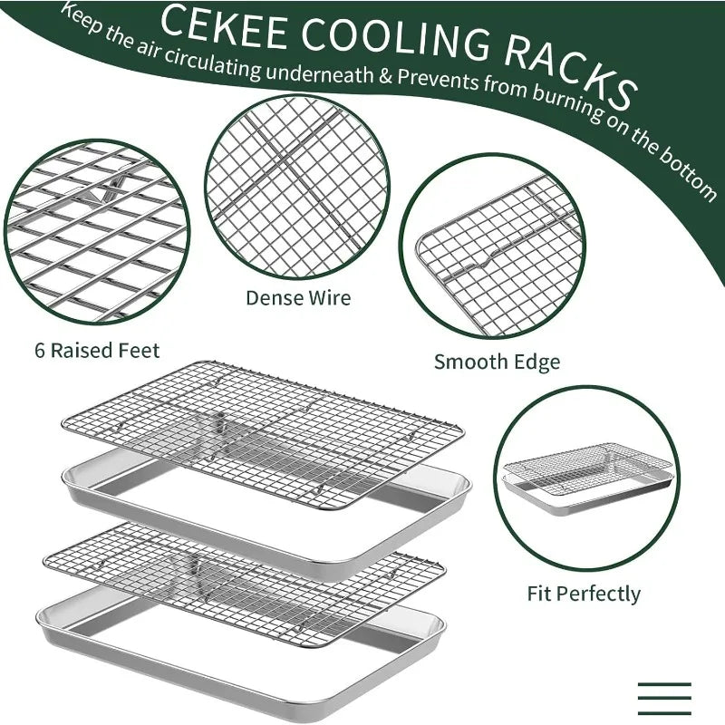 Half Sheet Pans With Rack Set [2 Pans + 2 Racks], CEKEE Stainless Half Size Large Baking Sheets With Rack -18 Inch Baking Tray S - Cooky Kitchenware