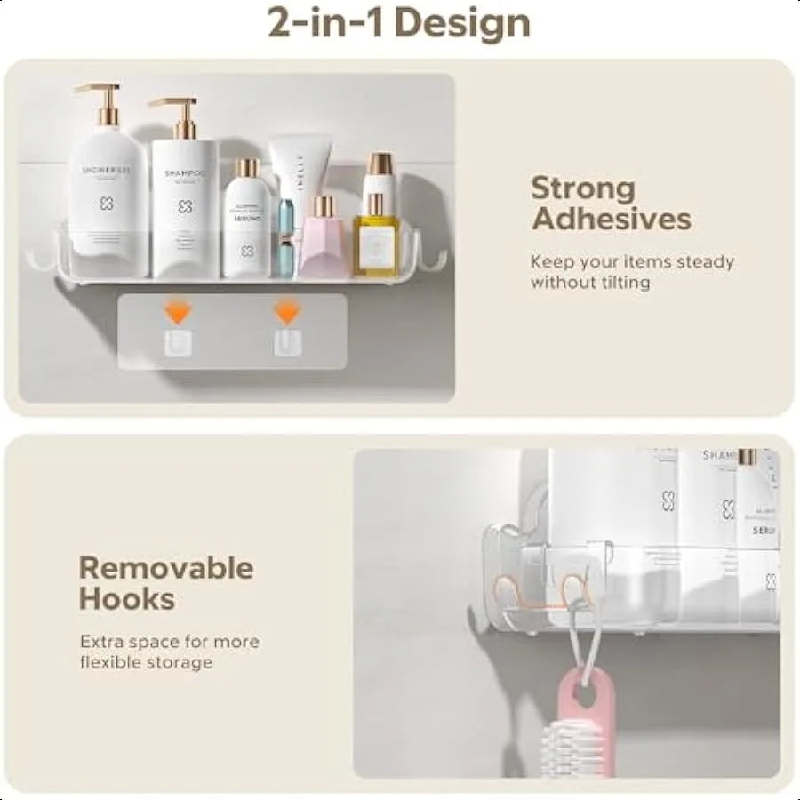 2 Pack Acrylic Shower Caddy Adhesive No Drilling Bathroom Shower Organizers with 4 Removable Hooks Wall Mounted Shower Shelves - Cooky Kitchenware