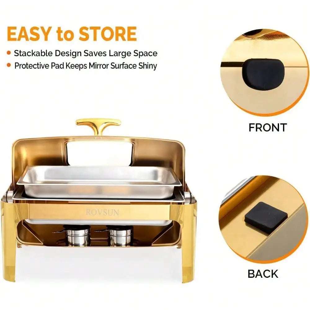 Gold 9QT Roll Top Chafing Dish Buffet Set Stainless Steel with Fuel Holder Home - Cooky Kitchenware