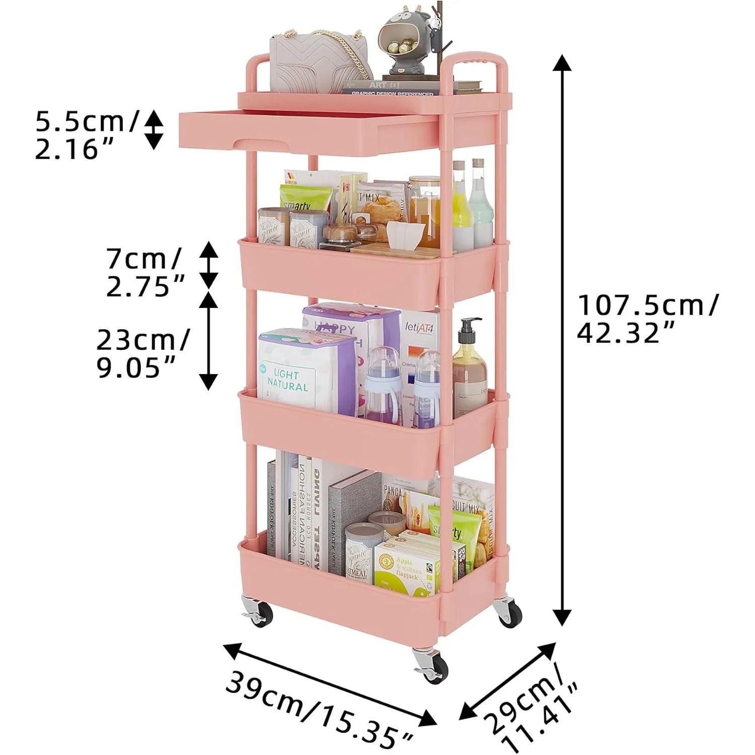 4 Tier Rolling Utility Cart with Drawer Multifunctional Storage Organizer Plastic Shelf and Metal Wheel Pink - Cooky Kitchenware