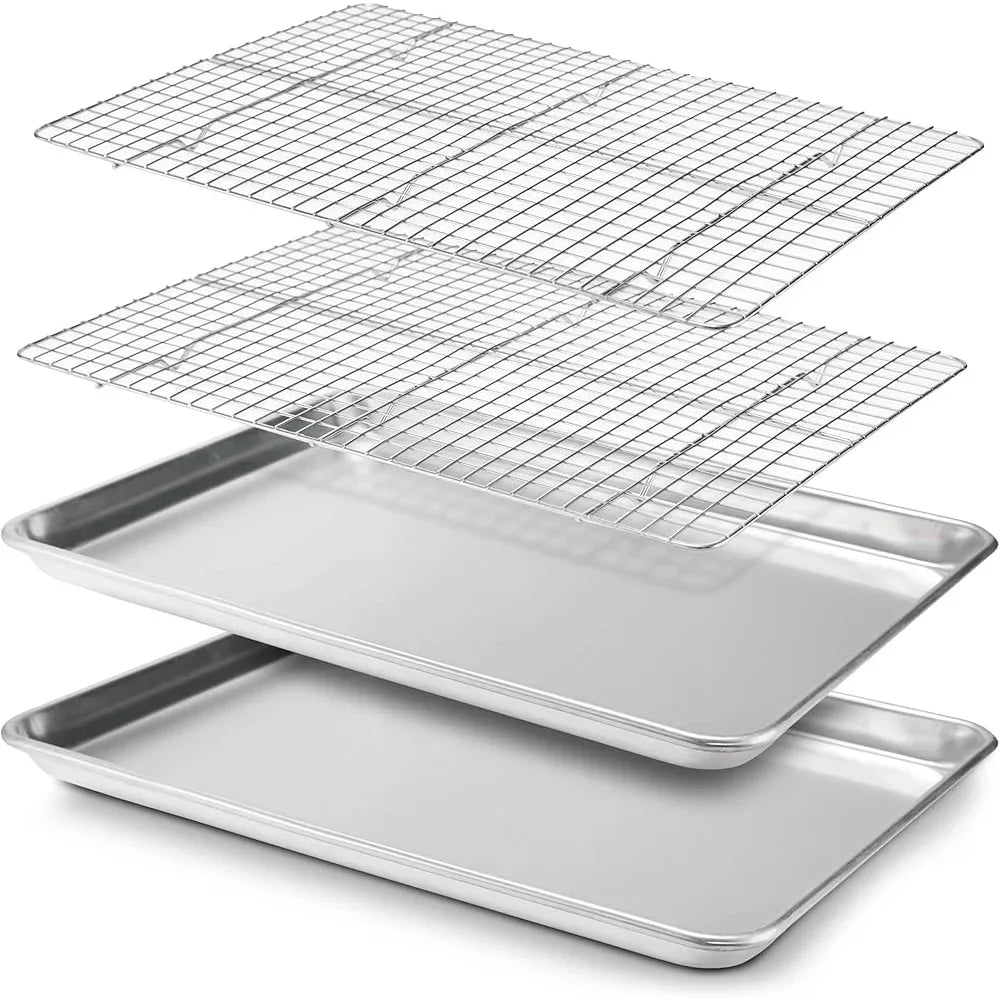 Baking Sheet Set 2 Pack Stainless Steel Half Pans with Cooling Racks Oven Safe Dishwasher Safe Multi Use Baking Tray - Cooky Kitchenware