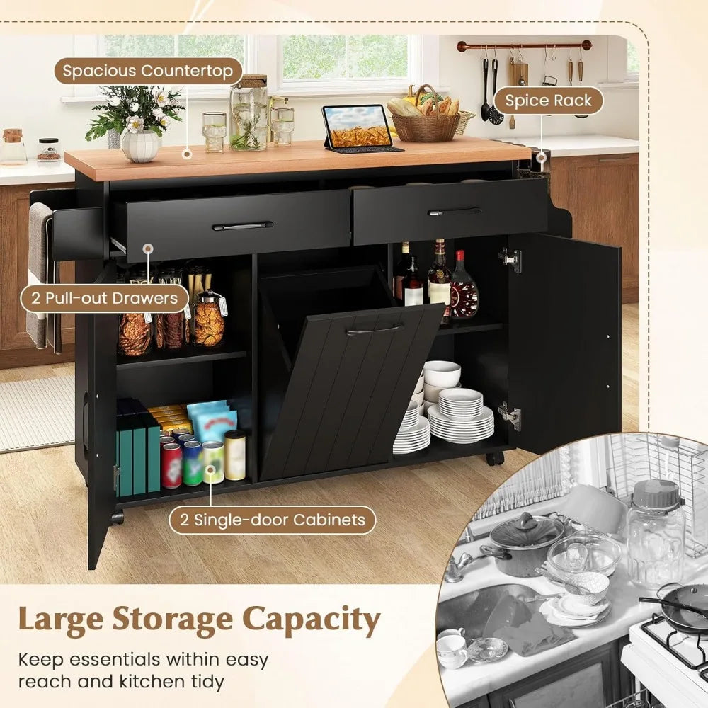 Kitchen Island Cart with Trash Bag Holder, Double Drawers, Spice Rack, Towel Bar, and Two Single-door Cabinets