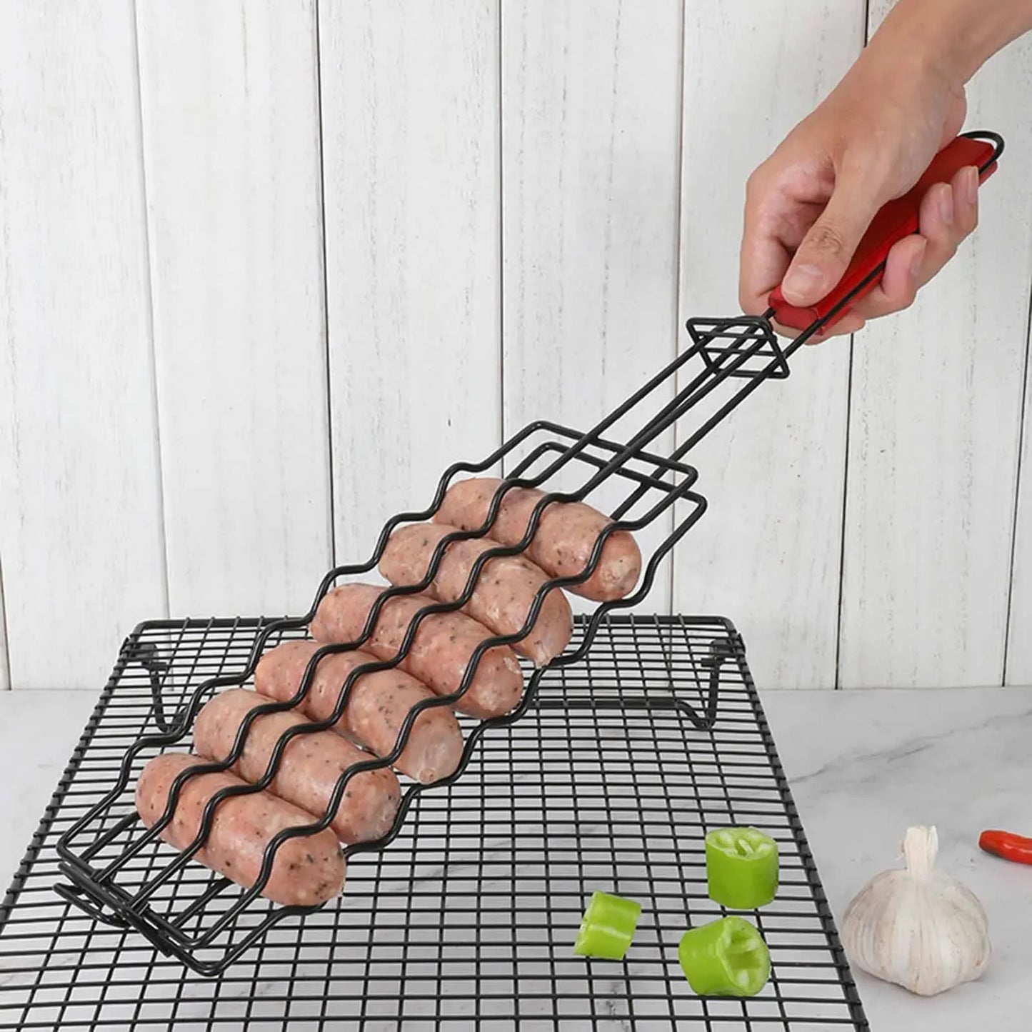 Folding Metal Barbecue Sausage Basket For Grilling Hot Dogs