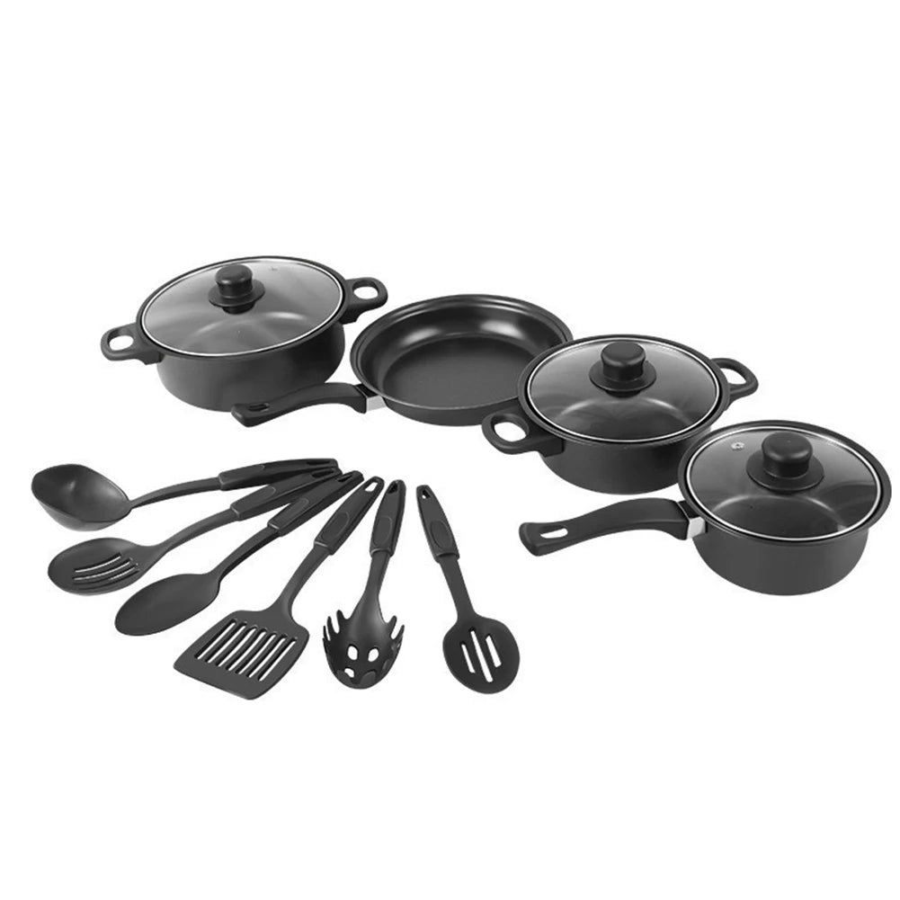 12Pcs Non Stick Cookware Set Cooking Pot with Lid Deep Frying Pan Milk Pot Maifan Stone Frying Pan for All Types of Cooker