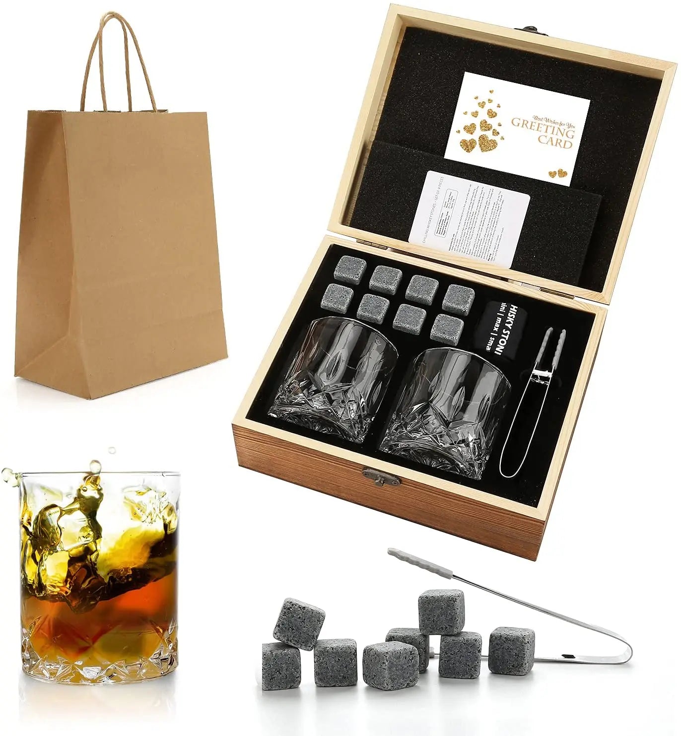Whiskey Stones Gift Set with Whiskey Glass Set of 2 Granite Chilling Rocks for Scotch and Bourbon in Gift Box - Cooky Kitchenware