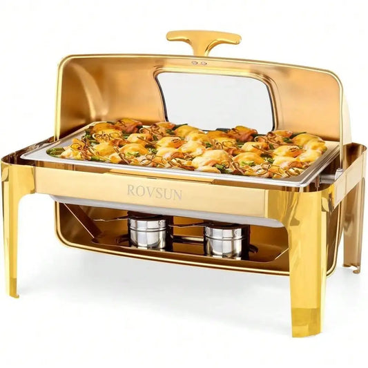 Gold 9QT Roll Top Chafing Dish Buffet Set Stainless Steel with Fuel Holder Home - Cooky Kitchenware