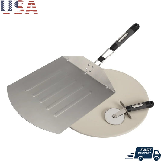 3 Piece Pizza Grilling Set with Cordierite Stone Folding Stainless Steel Peel and Wheel Cutter Outdoor Cooking - Cooky Kitchenware