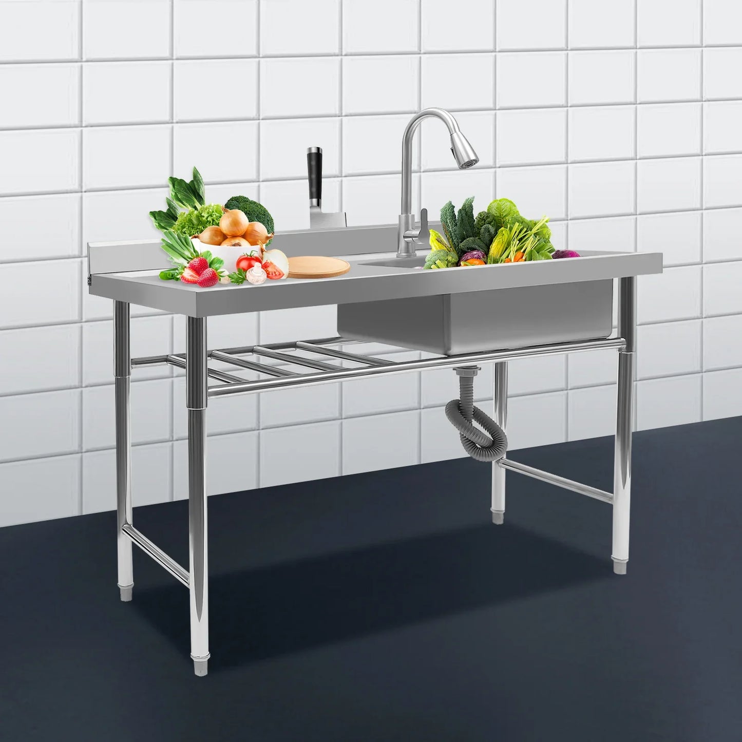 304 Stainless Steel Rectangle Sink,200kg Loading Commercial Kitchen Sink,120x60x80cm with Withdrawable Faucet,Sewer Pipe - Cooky Kitchenware