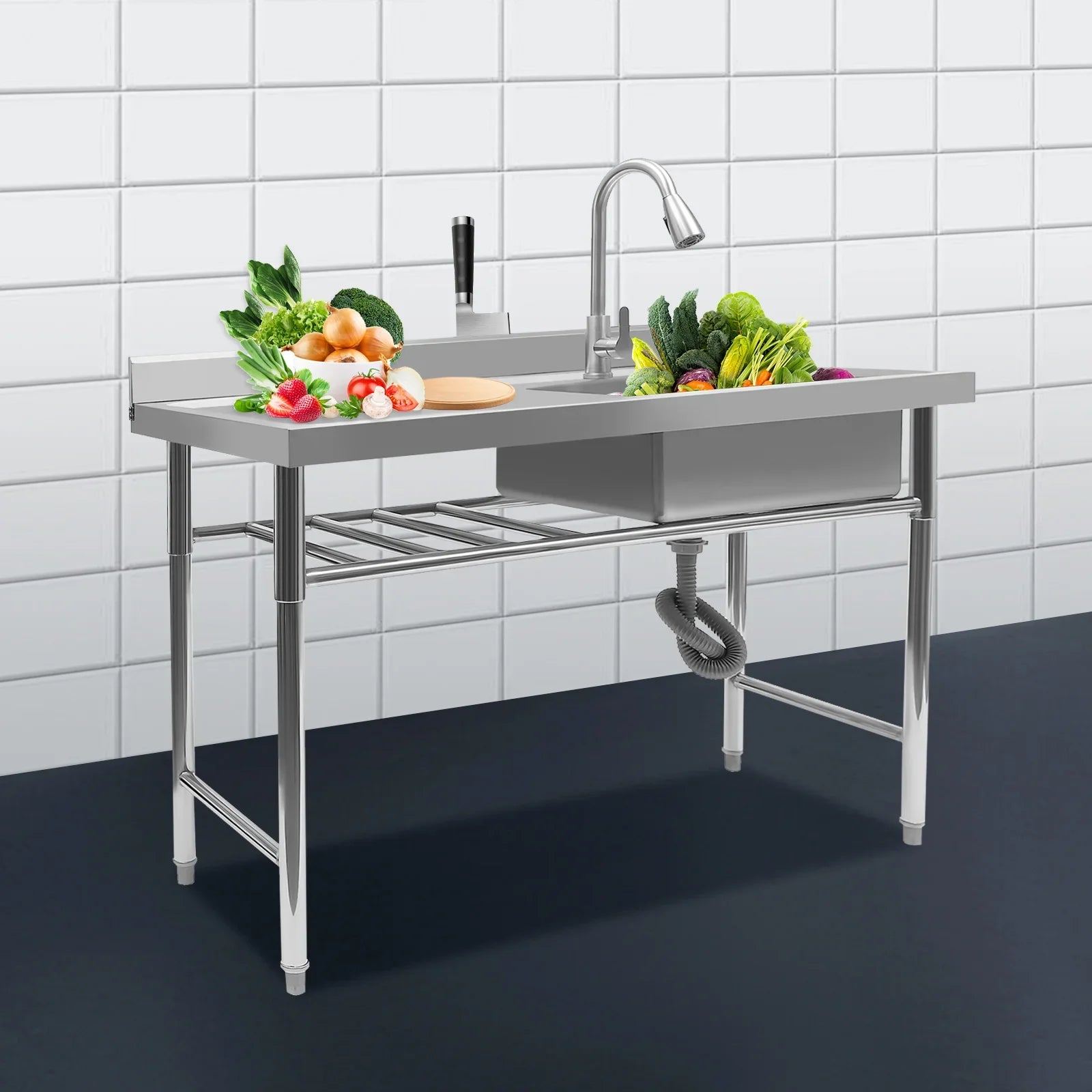 304 Stainless Steel Rectangle Sink,200kg Loading Commercial Kitchen Sink,120x60x80cm with Withdrawable Faucet,Sewer Pipe - Cooky Kitchenware