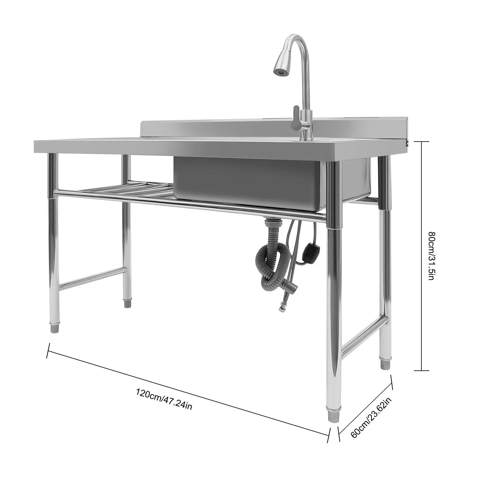 304 Stainless Steel Rectangle Sink,200kg Loading Commercial Kitchen Sink,120x60x80cm with Withdrawable Faucet,Sewer Pipe - Cooky Kitchenware