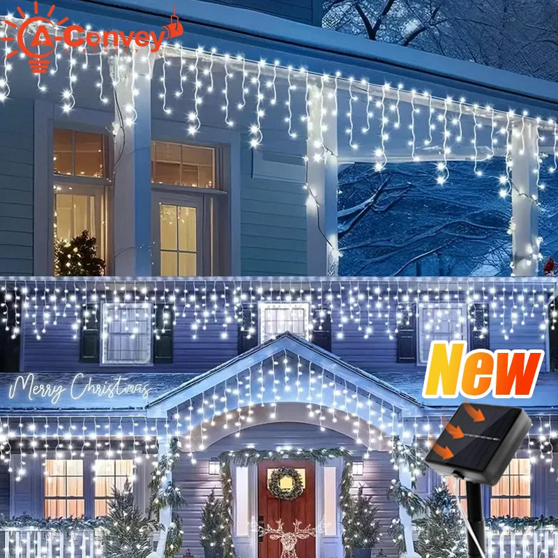 Solar LED Eaves Icicle String Lights 8 Lighting Modes Outdoor Waterproof Christmas Decorations Fairy Lights for Yard Garden - Cooky Kitchenware