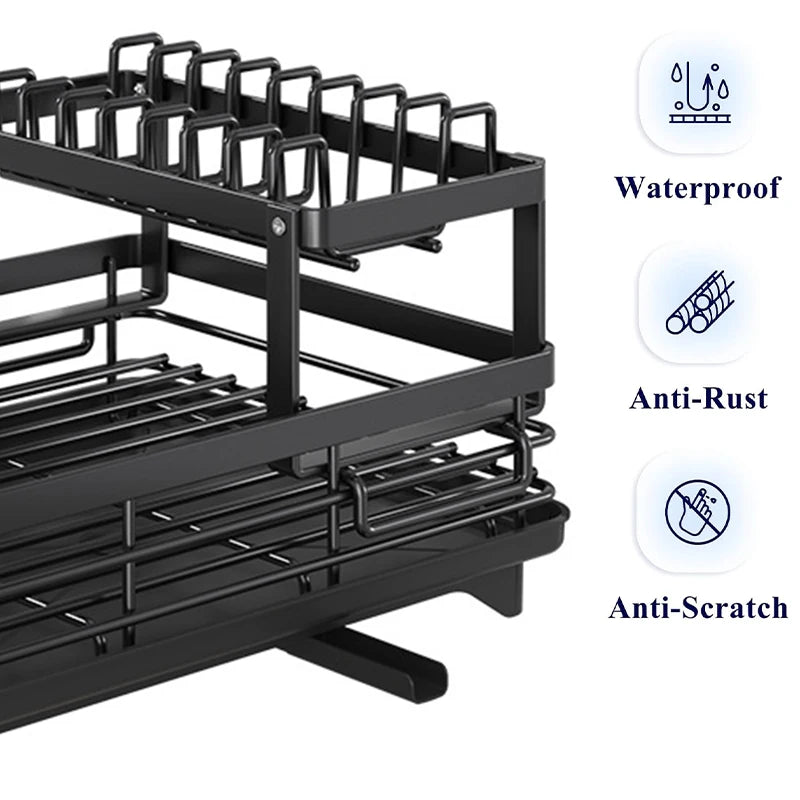 Dish Drying Rack for Kitchen Counter - Large Dish Rack with Drainboard, Adjustable Swivel SpoutRustproof Dish Drainer, Black - Cooky Kitchenware