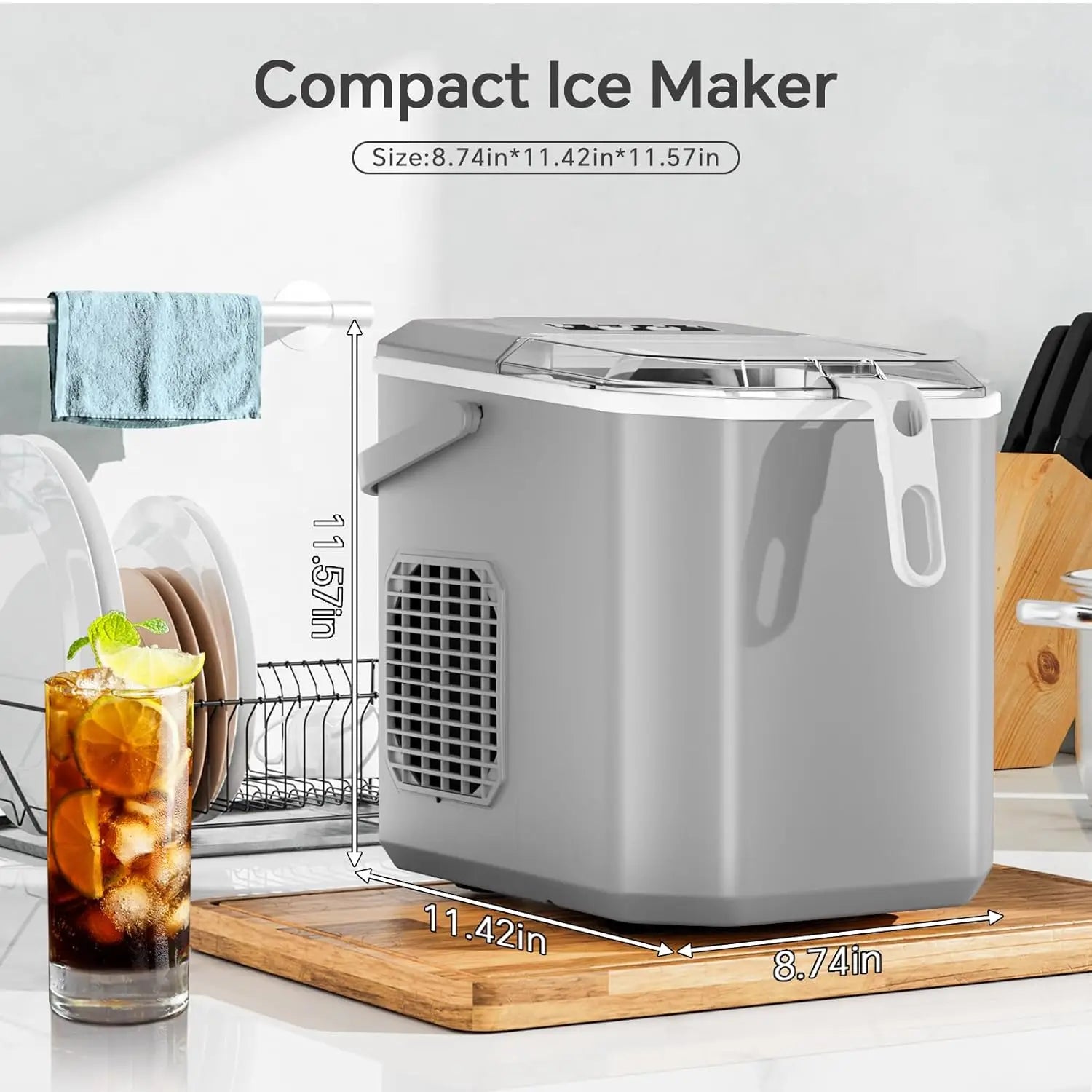 Ice Makers Countertop, Ice Machine with Handle, 26Lbs in 24Hrs, 9 Cubes Ready in 6 Mins, Self-Cleaning Portable Ice Maker(Grey) - Cooky Kitchenware