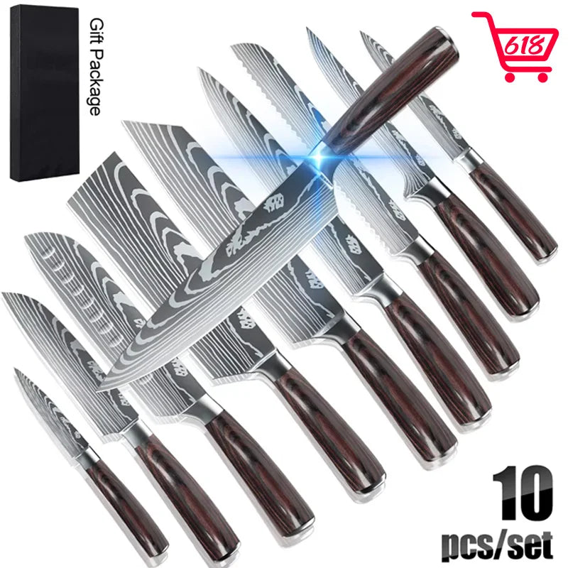 MDHAND 8/10pcs Gift Kitchen Knives Set Laser Damascus Pattern Chef Knife High Carbon Stainless Steel Sharp Fruit Slicing Knife