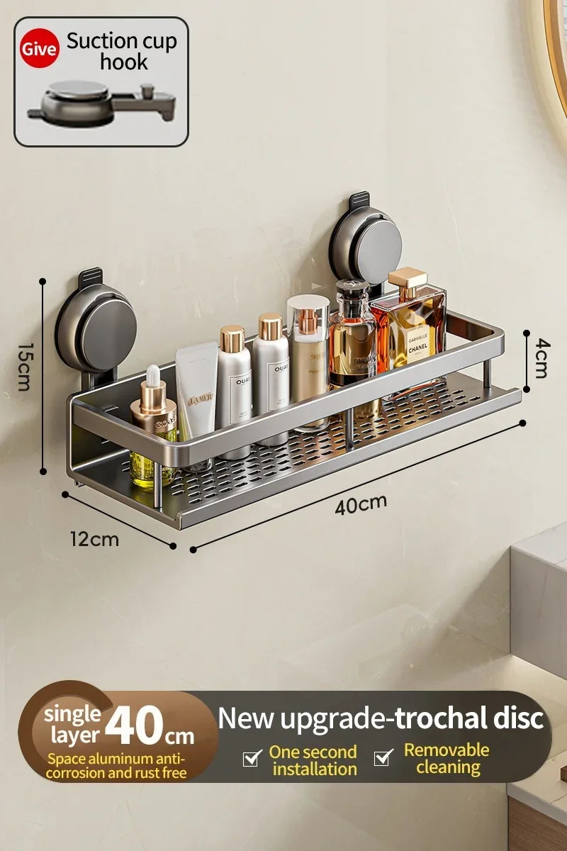 Suction Cup Mount Bathroom Shelf with Towel Holder Removable Hooks No Drill Hanging Bath Room Basket Shampoo Storage Rack Tray - Cooky Kitchenware