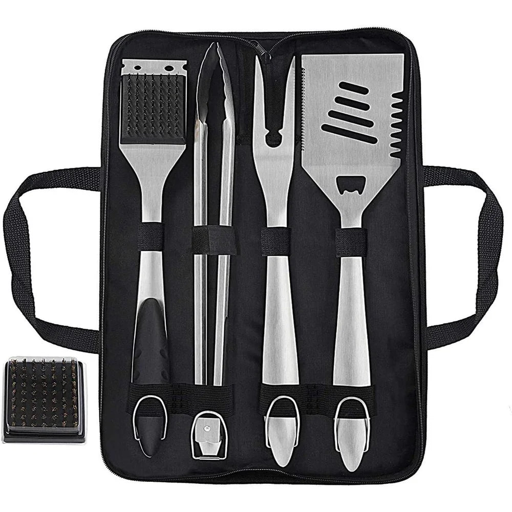 8PCS Stainless Steel BBQ Grill Tool Set Spatula Tongs Fork Basting Brushes Cleaning Brush Storage Bag Heavy Duty Accessories - Cooky Kitchenware