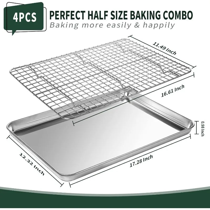 Half Sheet Pans With Rack Set [2 Pans + 2 Racks], CEKEE Stainless Half Size Large Baking Sheets With Rack -18 Inch Baking Tray S - Cooky Kitchenware