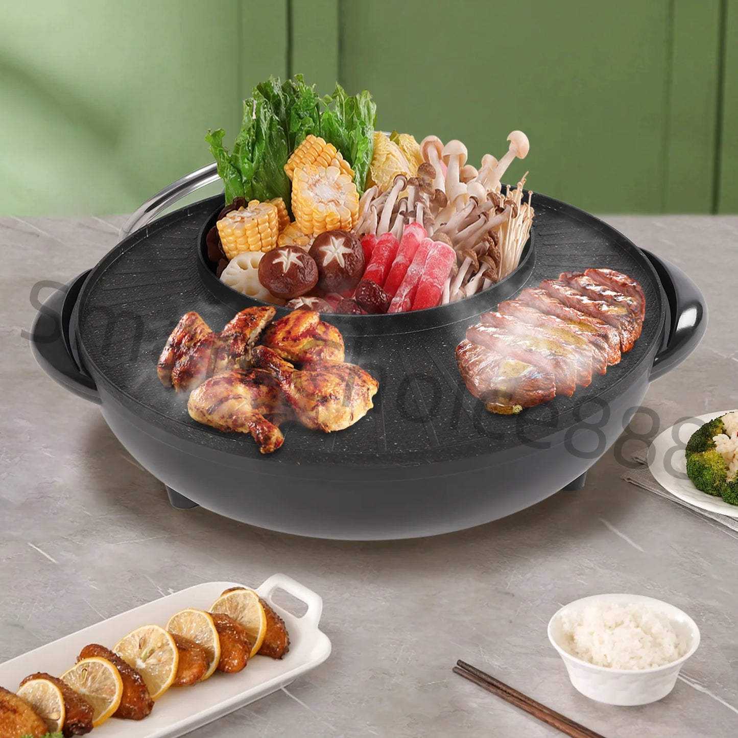 Electric Grill with Hot Pot Portable Round Barbecue Griddle Cookware Non Stick 2 in 1 Korean BBQ for Indoor Outdoor Camping - Cooky Kitchenware