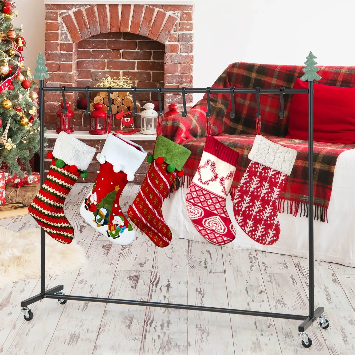10-Hook Christmas Stocking Holder Stand on Wheels with 6 Removable Xmas Tree