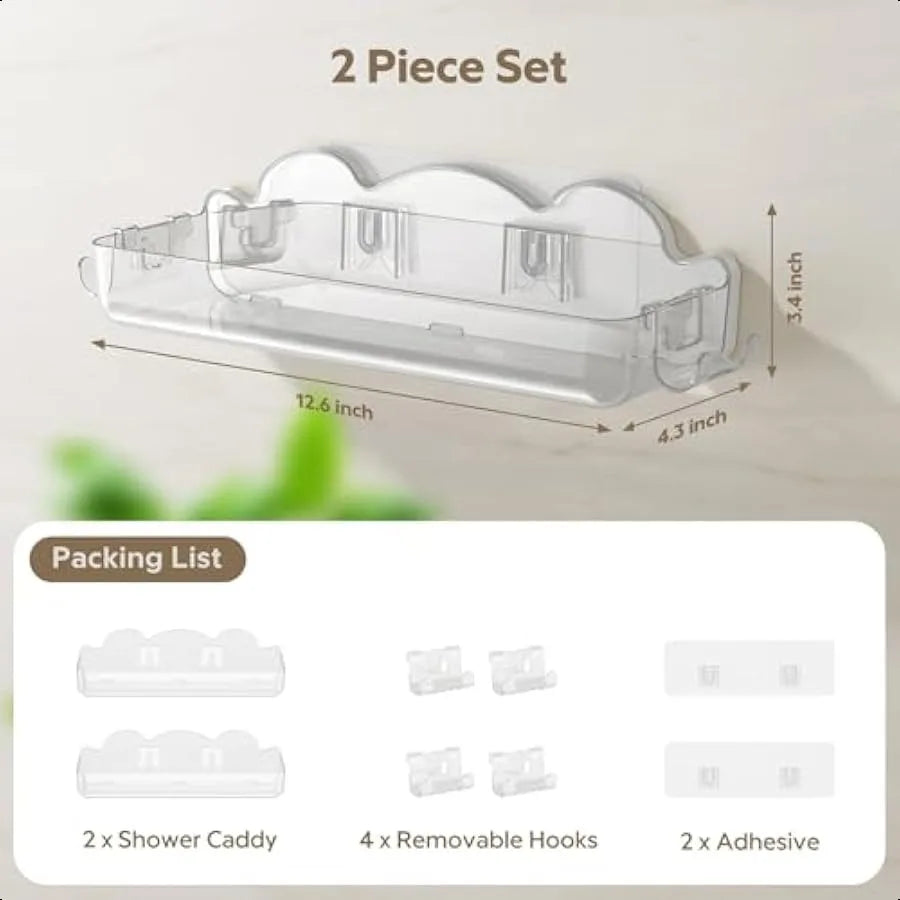 2 Pack Acrylic Shower Caddy Adhesive No Drilling Bathroom Shower Organizers with 4 Removable Hooks Wall Mounted Shower Shelves - Cooky Kitchenware