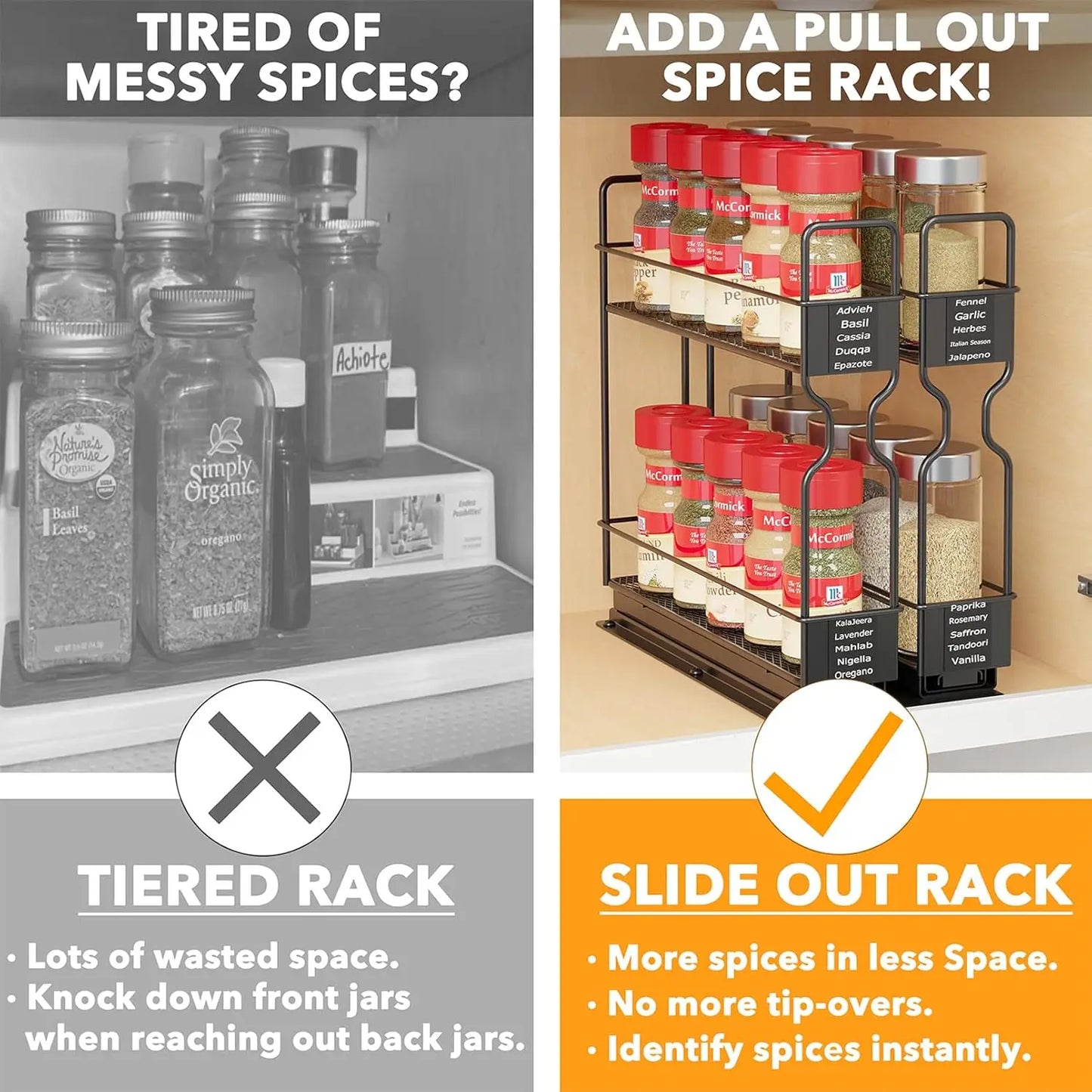 Heavy Duty Slide Out Seasoning Kitchen Organizer Cabinet Organizer with Labels - Cooky Kitchenware