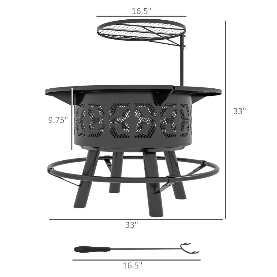 2 In 1 Fire Pit BBQ Grill 33 Portable Wood Burning Firepit with Adjustable Cooking Grate Pan and Poker Camping Bonfire Stove - Cooky Kitchenware