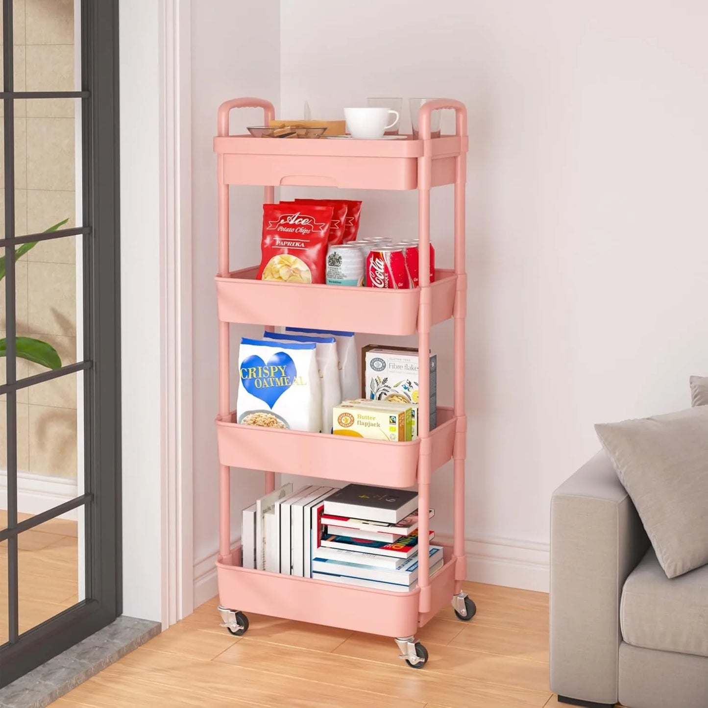 4 Tier Rolling Utility Cart with Drawer Multifunctional Storage Organizer Plastic Shelf and Metal Wheel Pink - Cooky Kitchenware