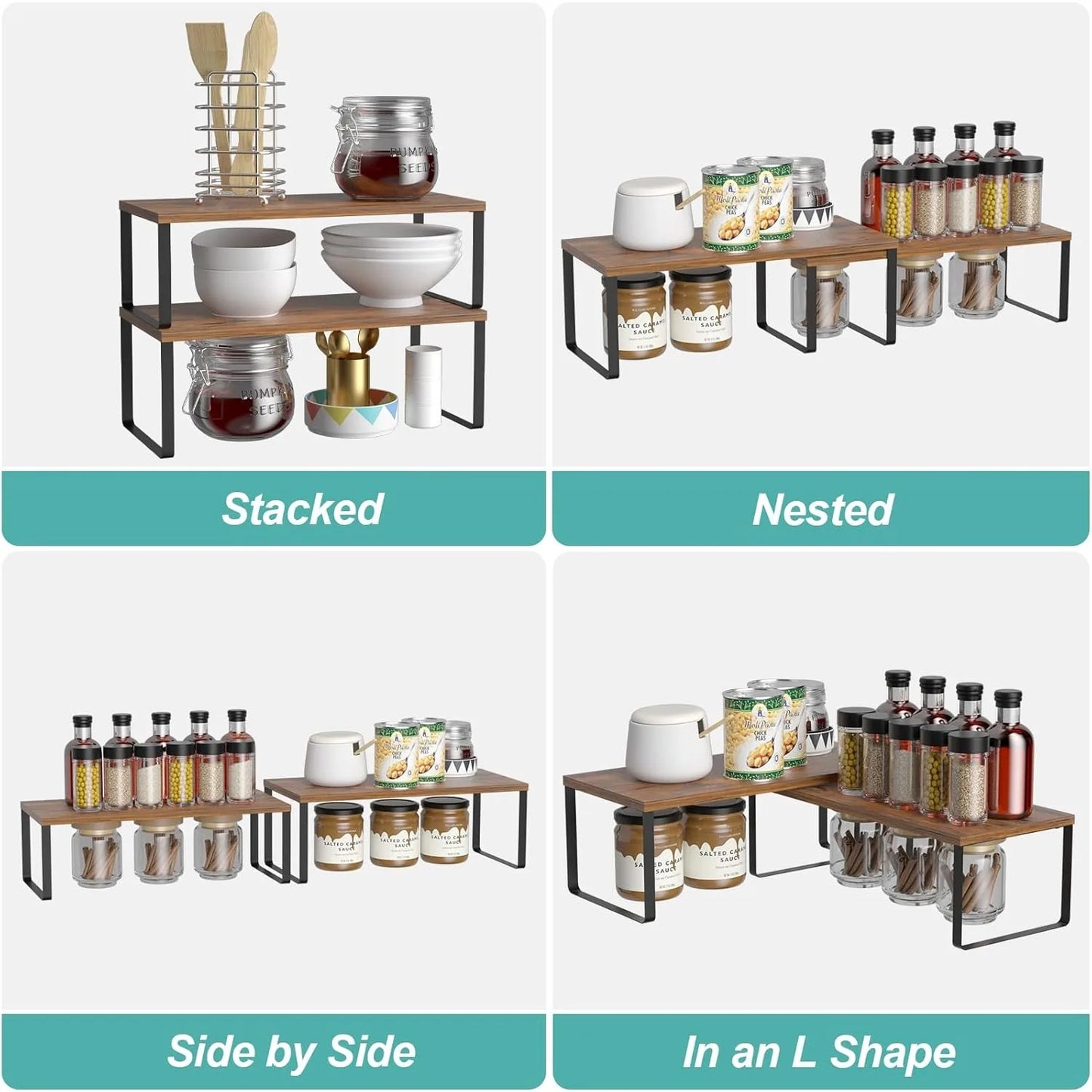 2 Pack Stackable Cabinet Shelf Organizer Expandable Kitchen Pantry Spice Rack for Counter Cupboard Storage Black Brown - Cooky Kitchenware
