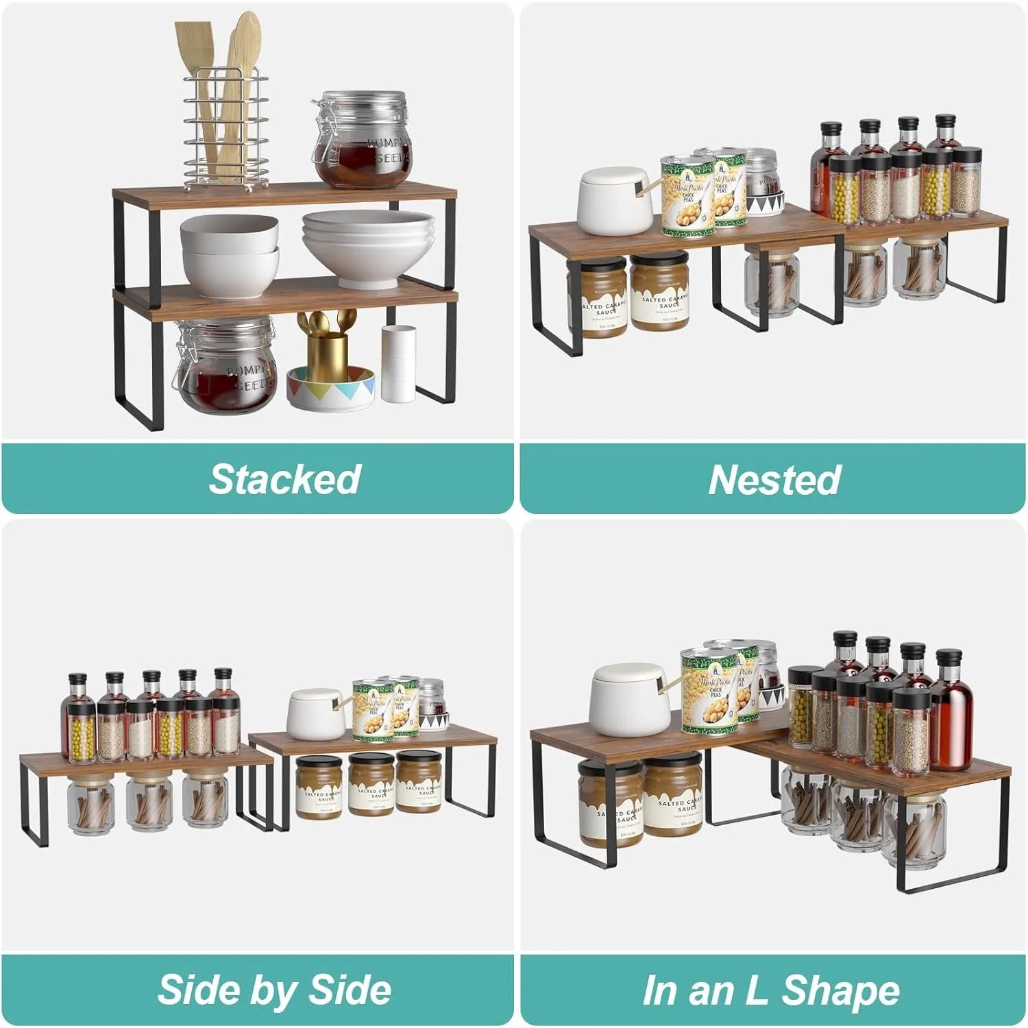 2 Pack Stackable Cabinet Shelf Organizer Expandable Kitchen Pantry Spice Rack for Counter Cupboard Storage Black Brown - Cooky Kitchenware