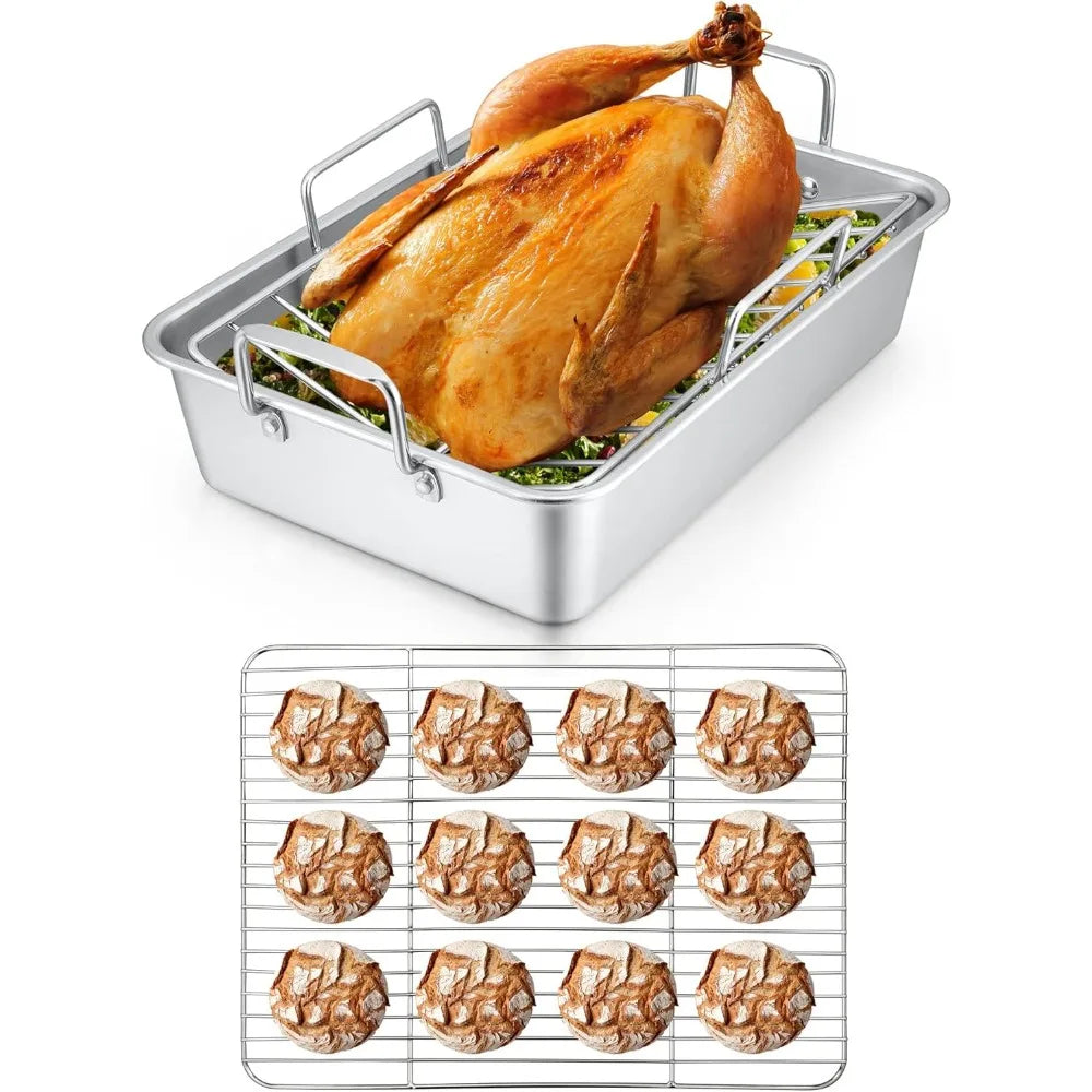 Herogo Roasting Pan with Flat Rack & V-shaped Rack Set, 16 x 11.5 Inch Stainless Steel Turkey Roaster Pan for Thanksgiving Chris