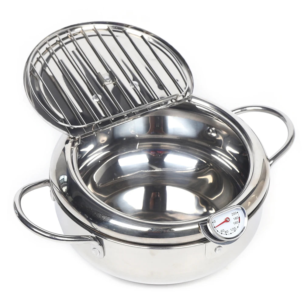 Japanese Style Deep Frying Pan With Temperature Gauge Lid And Oil Drip Rack 304 Stainless Steel Fryer - Cooky Kitchenware