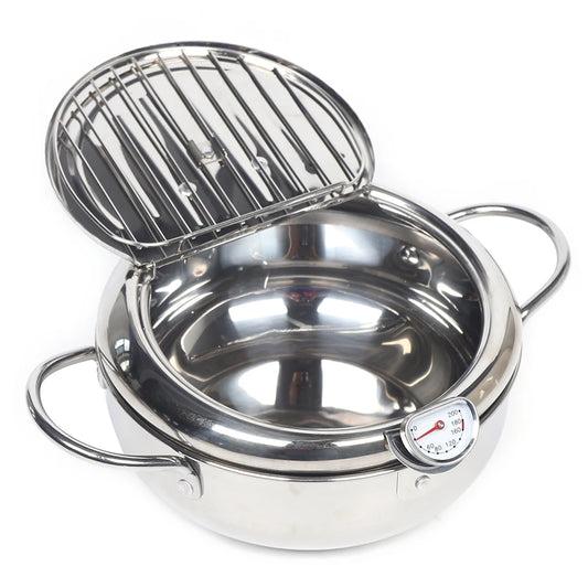 Japanese Style Deep Frying Pan With Temperature Gauge Lid And Oil Drip Rack 304 Stainless Steel Fryer - Cooky Kitchenware