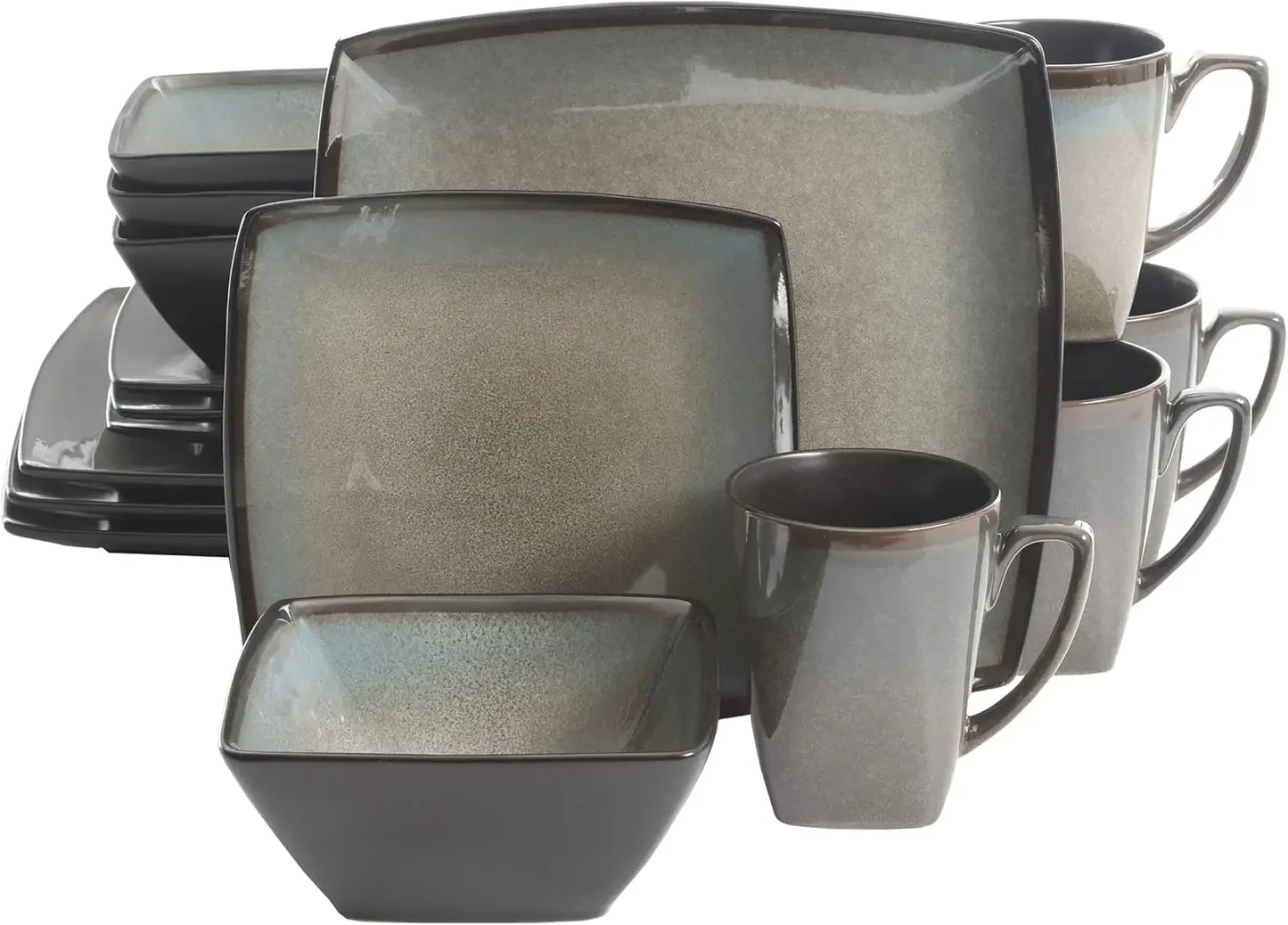 Square Reactive Glaze Stoneware Dinnerware Set, Service for 4 (16pcs), Taupe,Dishwasher Safe - Cooky Kitchenware
