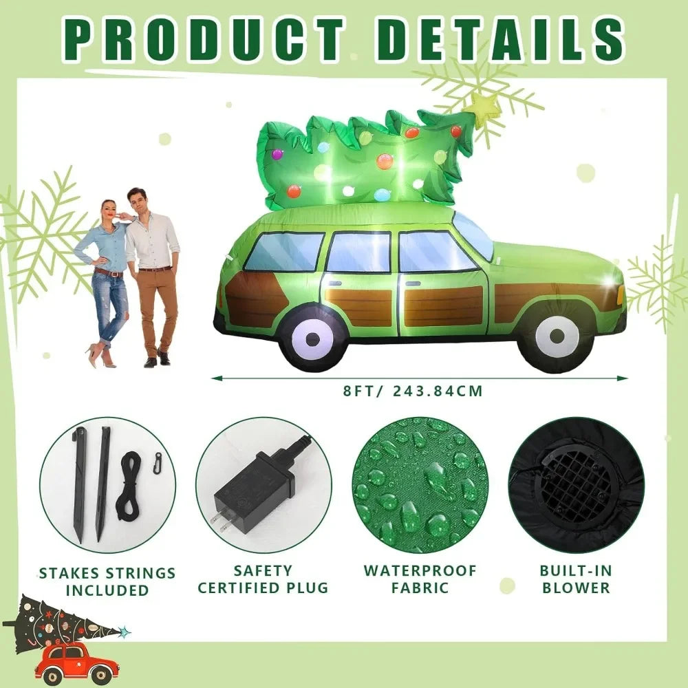 8-Foot Tall Outdoor Christmas Inflatable Wagon with LED Lights and Tree Decoration