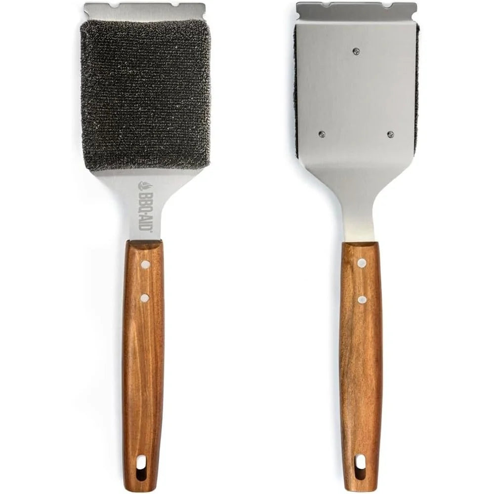 Bristle Free Grill Brush and Scraper with Long Wooden Handle Easy Replaceable Head Safe Cleaning All Grill Types - Cooky Kitchenware