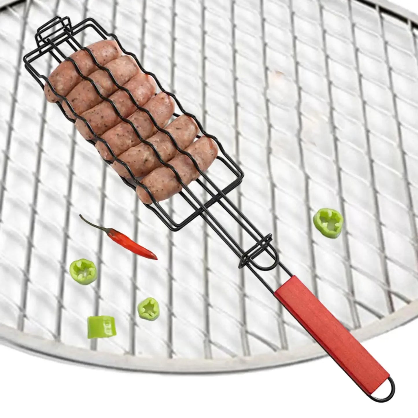 Folding Metal Barbecue Sausage Basket For Grilling Hot Dogs