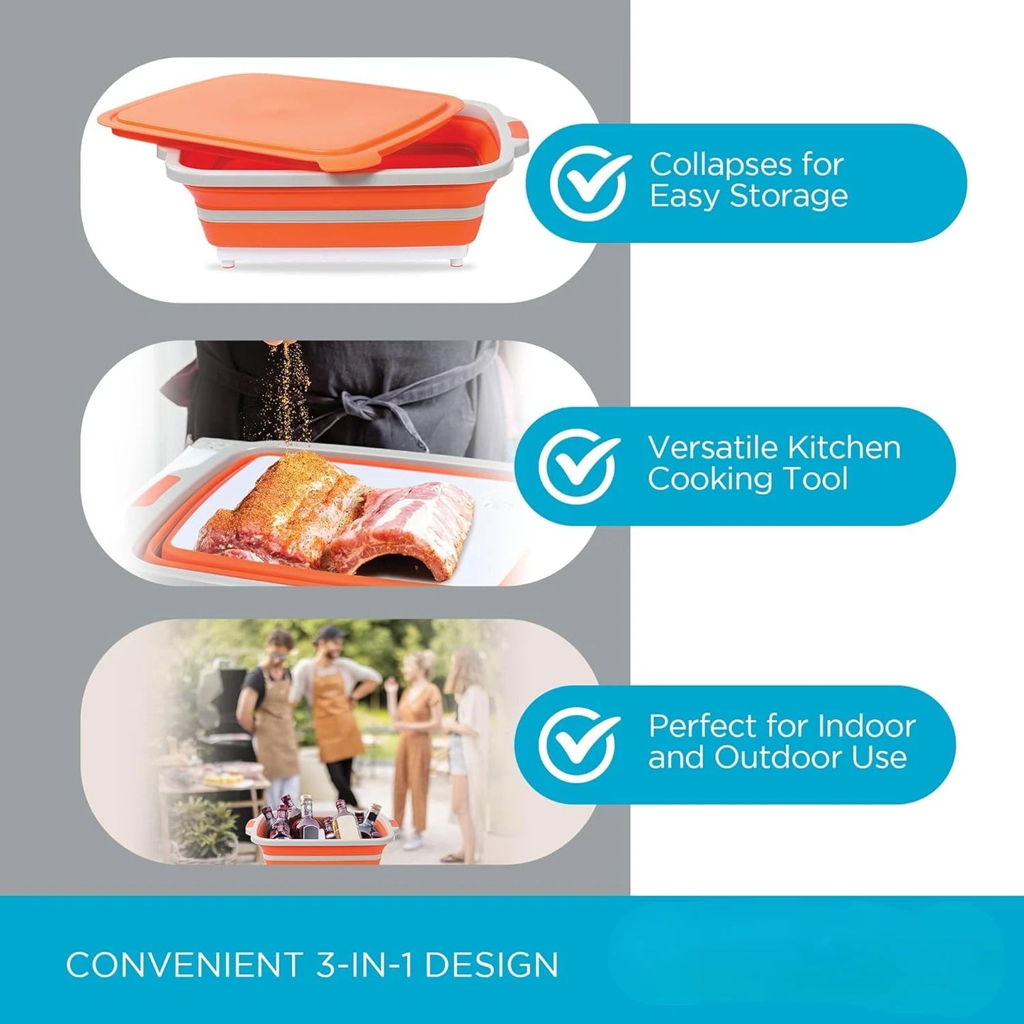 Collapsible Large BBQ Prep Tub w/Cutting Board, Multi-Function Grill Caddy w/Colander & Lid, Portable Silicone Dish Bowl