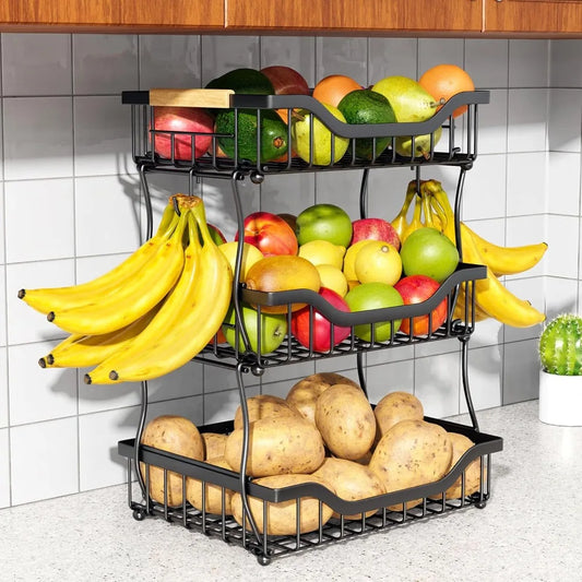 3-Tier Fruit Basket for Kitchen Counter, Wall-Hanging Fruit Bowl and Kitchen Countertop Organizer with 2 Banana Hooks, Fruit Sto - Cooky Kitchenware