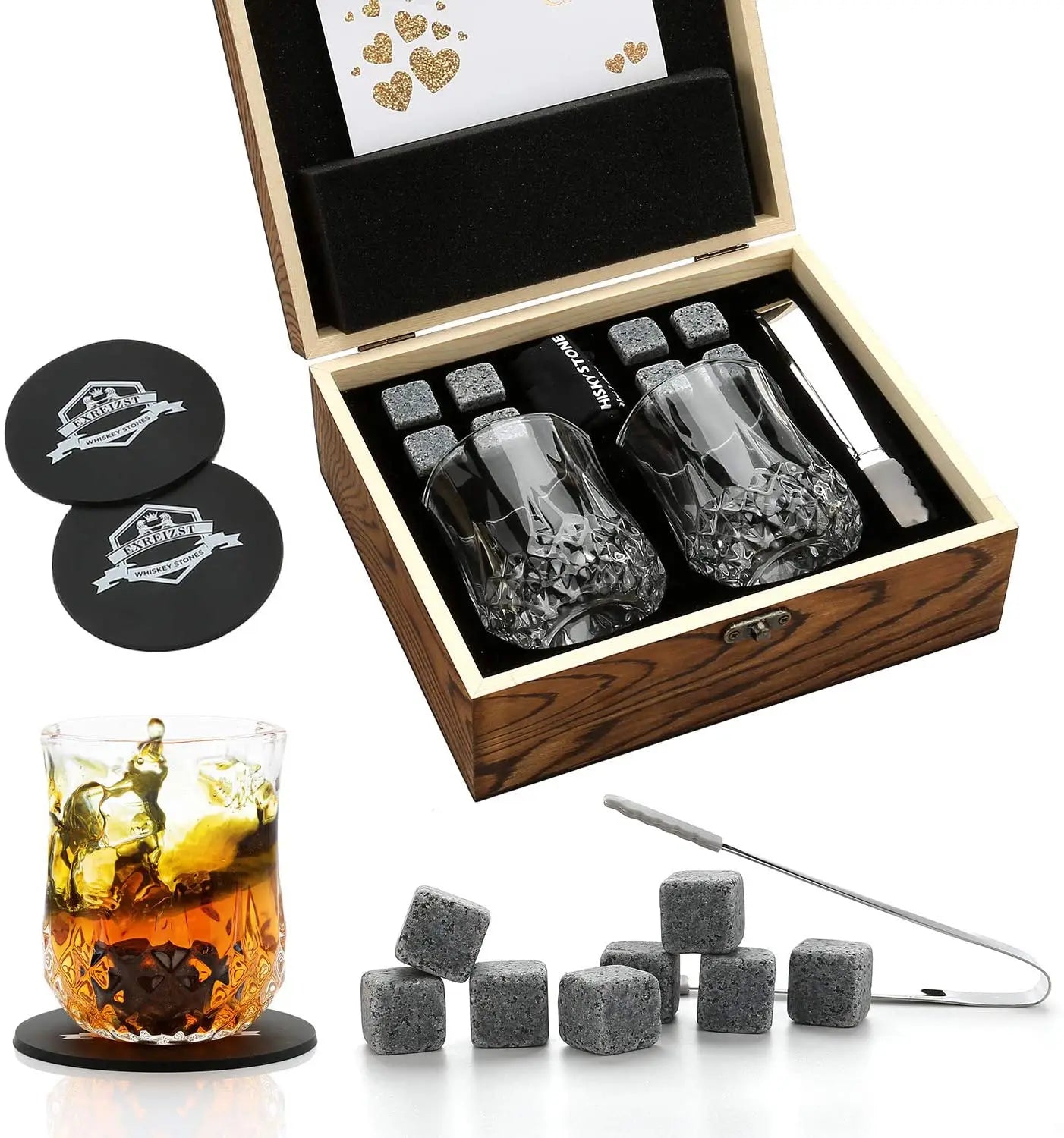 Whiskey Stones Gift Set with Whiskey Glass Set of 2 Granite Chilling Rocks for Scotch and Bourbon in Gift Box - Cooky Kitchenware