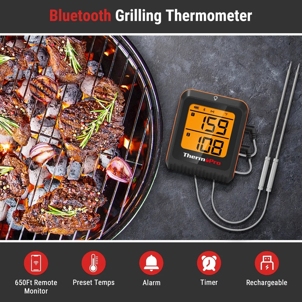 Wireless Bluetooth Meat Thermometer Dual Probes 650FT Range Accurate Cooking Monitor Rechargeable LCD Display BBQ Grill Oven